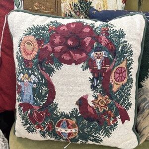 Festive Holiday Wreath Pillow with Red and Green Accents